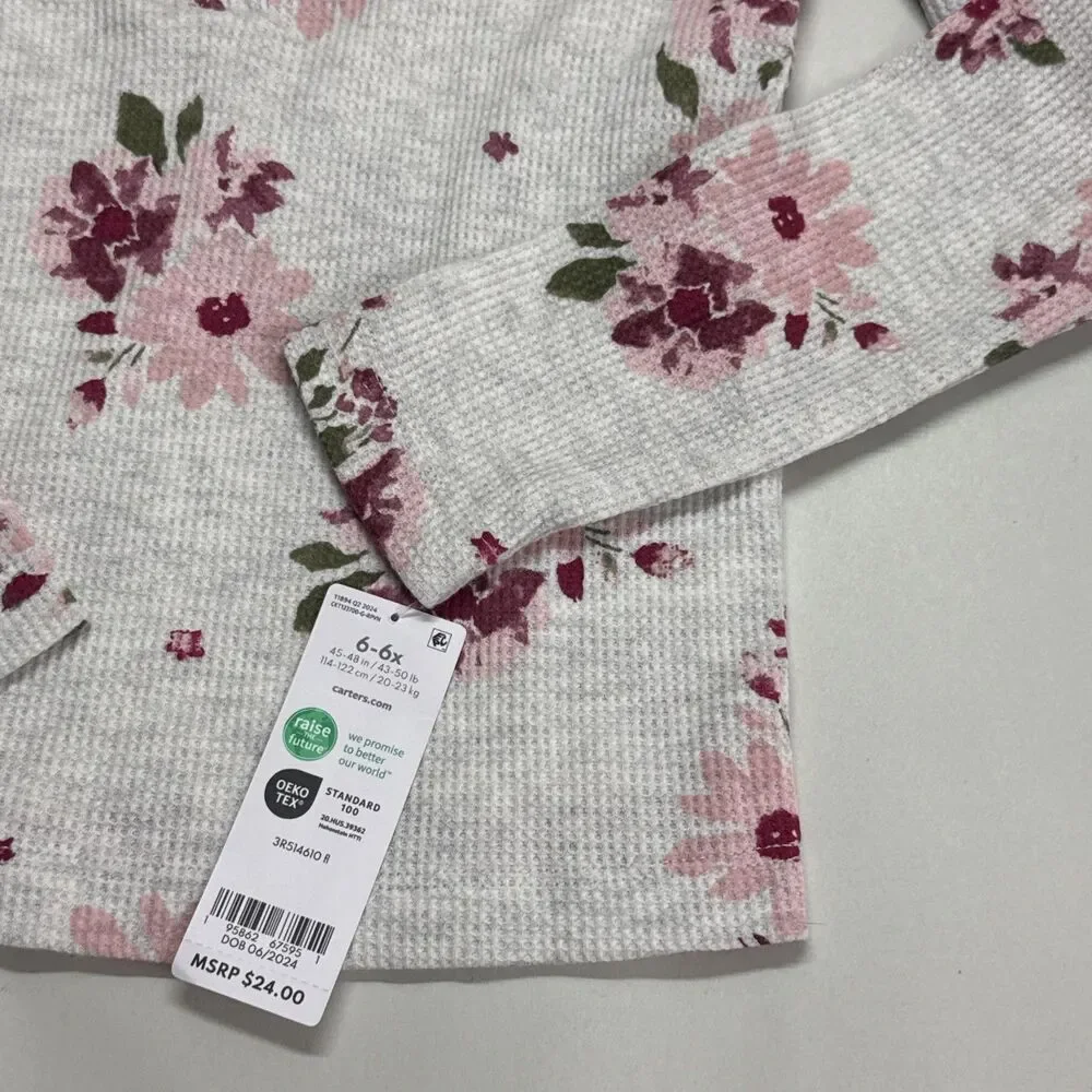 Carters Girls Sz 6/6x Thermal Waffleknit Grey Pink Floral Long Sleeve Shirt